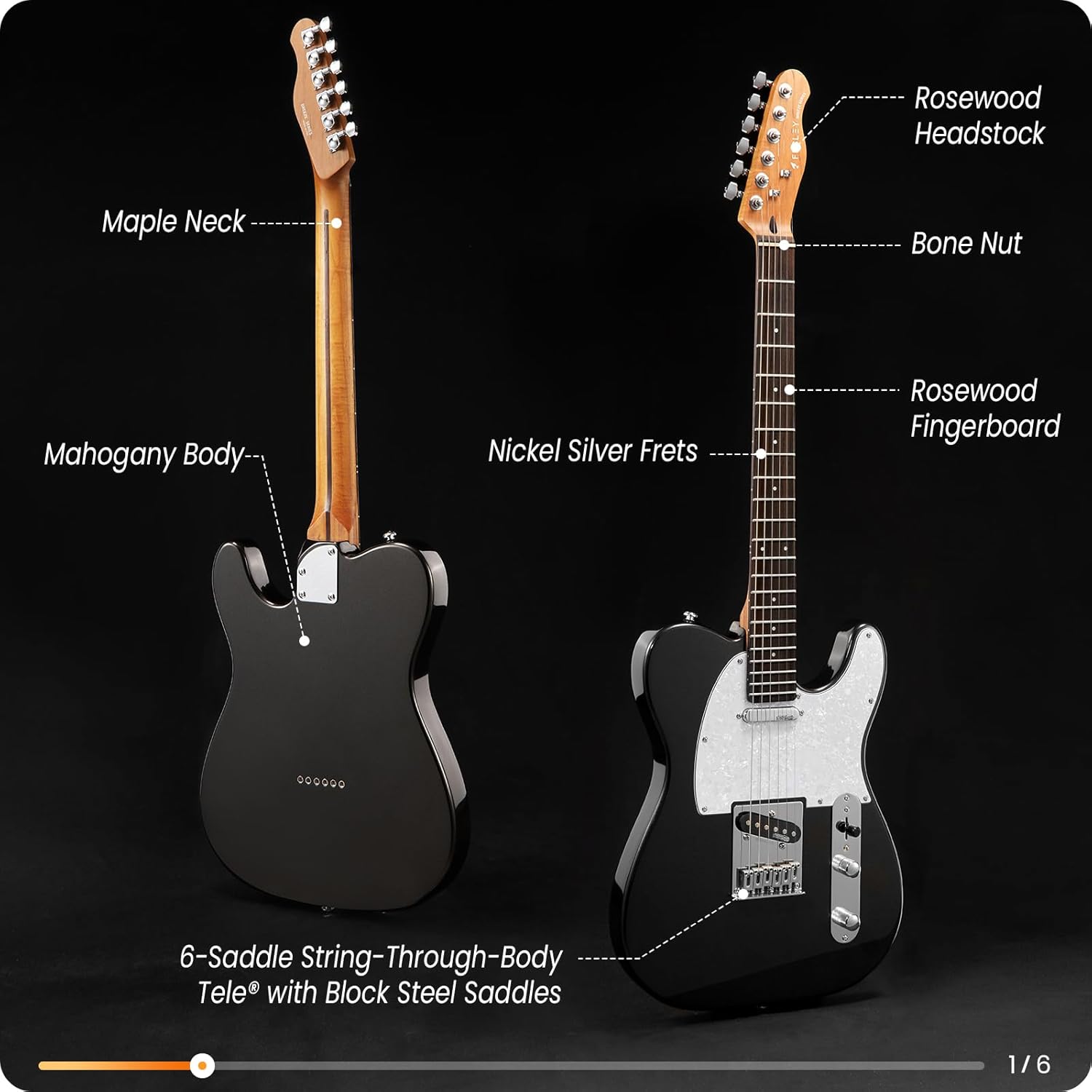 Fesley 39" TL Style Electric Guitar: Solid Body Electric Guitars for Intermediate &Pro Players with Wilkinson Pickups,Grover Tuners,6 String Guitar with Roasted Maple Neck,Rosewood Fingerboard,Black