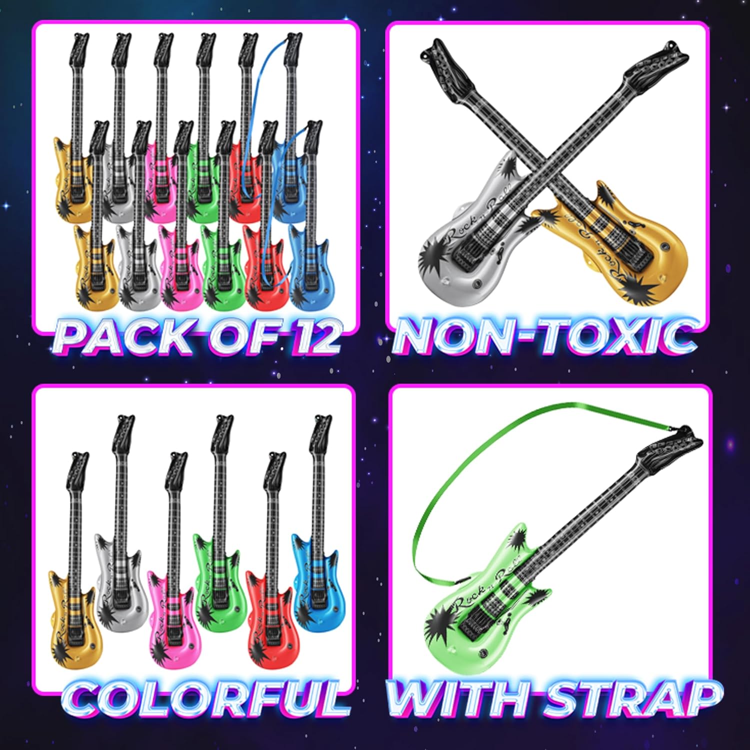 Inflatable Guitars With Strap - (pack Of 12) 36-inch Colorful Blow Up Guitar, Party Favors, DJ-props, Photo-booth, Birthdays, Rock Star, Rock And Roll Party Decorations, 80s 90s Party Supplies