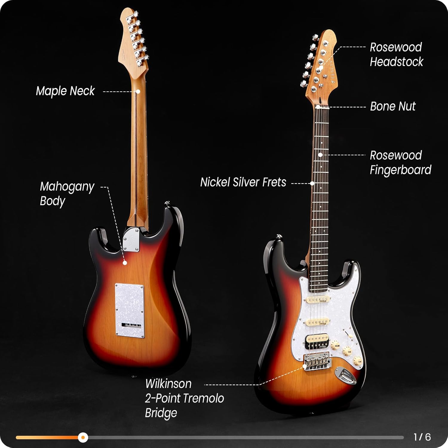 Fesley 39" Electric Guitar:Solid Body Electric Guitars for Intermediate &Pro Players with Wilkinson Pickups,Grover Tuners,6 String Guitar with Roasted Maple Neck,Single Coil Split System,Sunburst