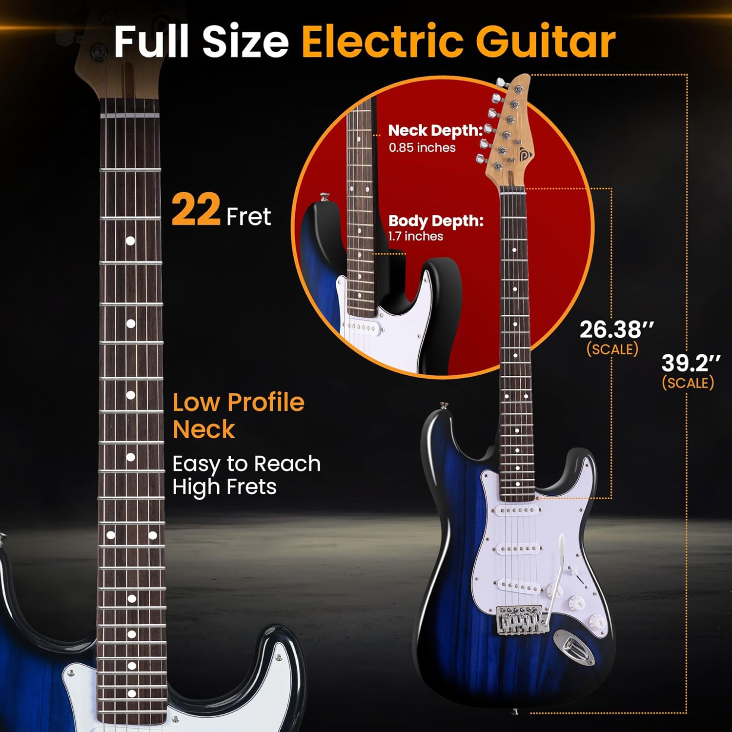 Alternative view of Pyle Electric Guitar and Amp Kit - Full Size 39" Complete Starter Kit with Wearable Bluetooth Amplifier, 1/4u201D Cable, Carry Case, Strap, Strings, Picks, Cleaning Cloth, ST-Style Pickups (Blue Burst)