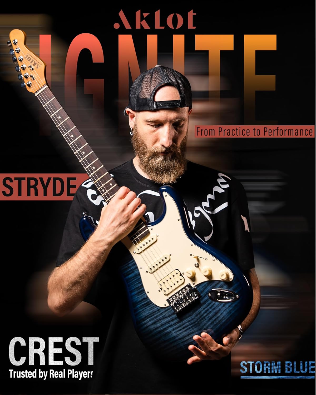 AKLOT Beginner Electric Guitar Kit: 10W Amp, Coil-Split HSS Pickups, Lesson Book, Roasted Maple Neck, Gig Bag, Tuner, Strap, Picks, Stryde Storm Blue