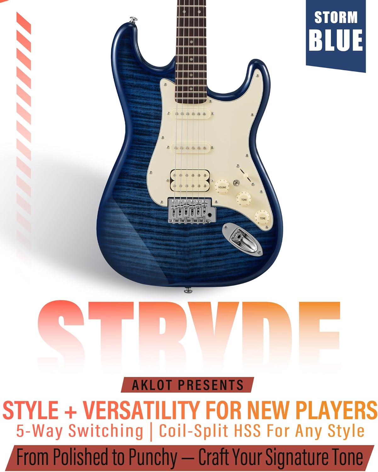 Alternative view of AKLOT Beginner Electric Guitar Kit: 10W Amp, Coil-Split HSS Pickups, Lesson Book, Roasted Maple Neck, Gig Bag, Tuner, Strap, Picks, Stryde Storm Blue
