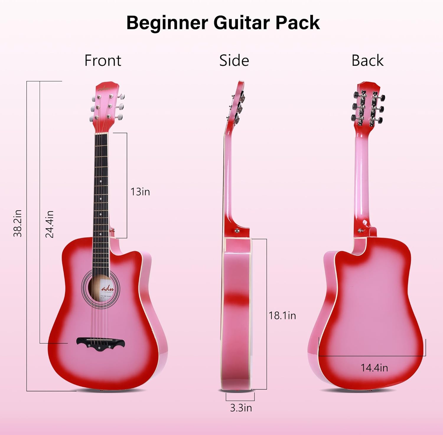 ADM 38" Inch Acoustic Guitar Bundle for Beginners Adults with Online Lesson, Cutaway Wood Acustica Guitarra Starter Set Package with Gig Bag, Strap, Steel Strings, Picks, Capos, Stand, Pink