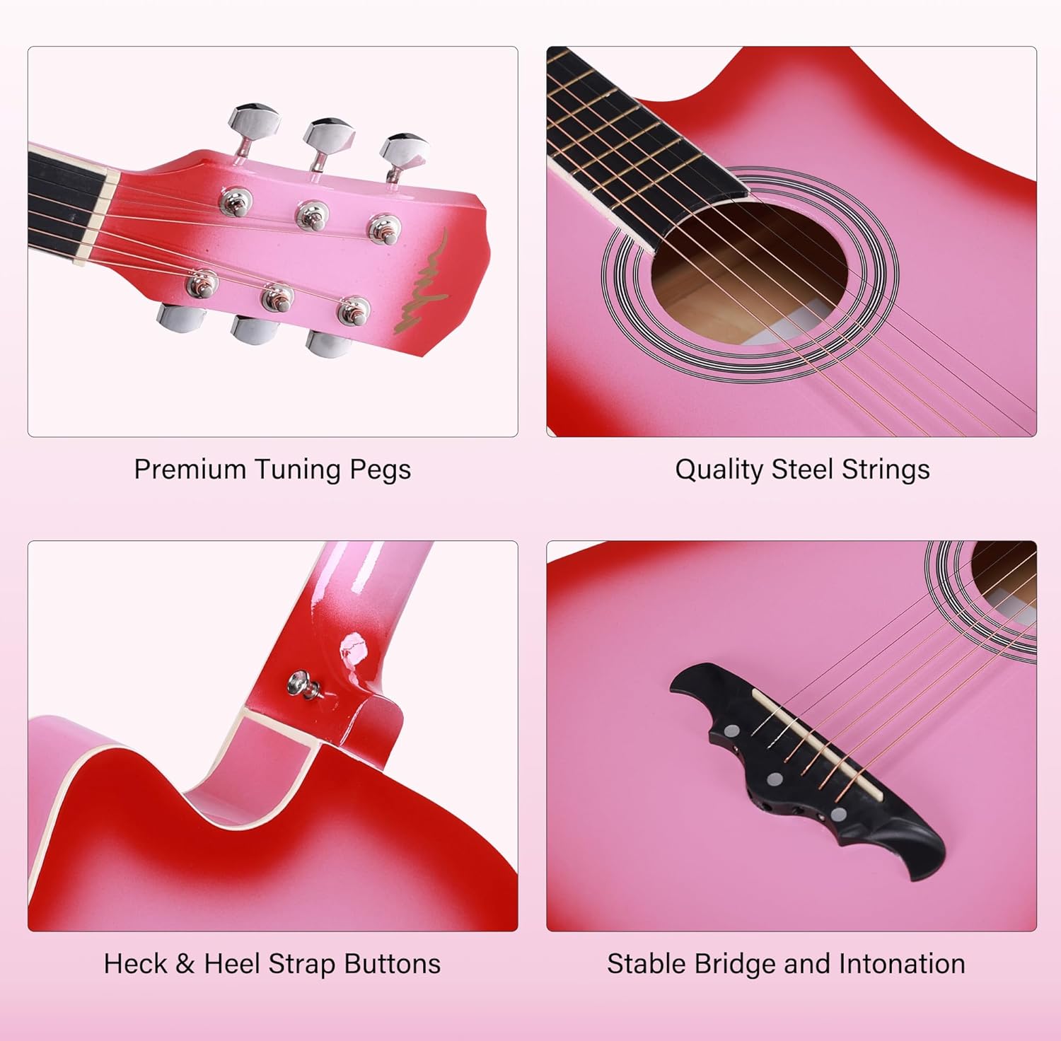 Alternative view of ADM 38" Inch Acoustic Guitar Bundle for Beginners Adults with Online Lesson, Cutaway Wood Acustica Guitarra Starter Set Package with Gig Bag, Strap, Steel Strings, Picks, Capos, Stand, Pink