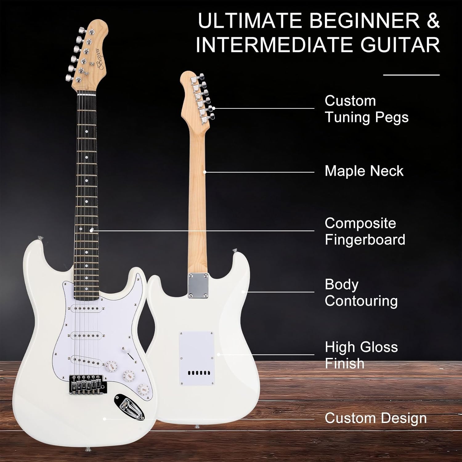 Besyou 39 Inches Full Size Electric Guitar Beginner Electric Guitar Kits with 10W Amp Classic SSS Pickup Complete with Gig Bag Tuner Capo Strap Picks Guitar String Winders White