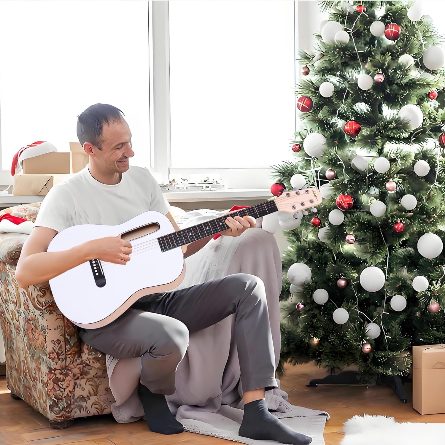 ADM Acoustic Guitar Kits for Beginners Adults - 38" Steel-String Guitars Bundle with Online Lesson Wooden Bowl Guitarra Starter Set Package with Bag, Strap, Picks, Capos, Kazoo, White