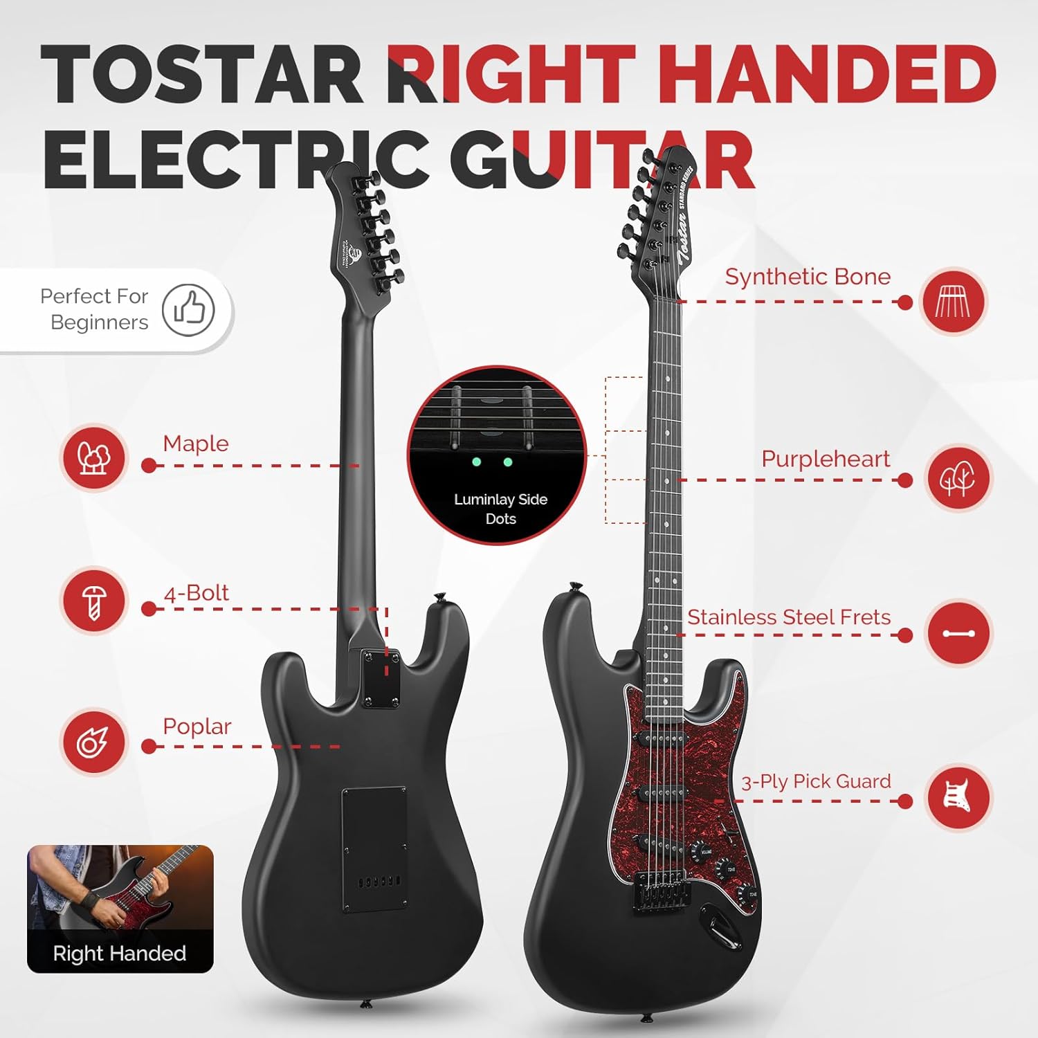 Tostar Electric Guitar Kit for Beginners with Amp SSS Pickup Black Electric Guitars with Gig Bag,Capo,Tremolo,Tuner, Strap, Picks Stratocaster 39" Full Size Heavy Metal 6 String for Gifts