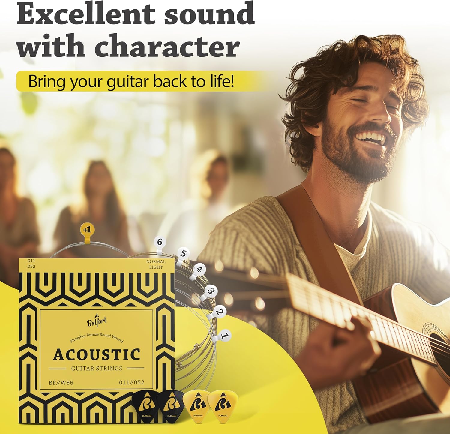 BELFORT® quality acoustic guitar strings - 6 string set - Premium coating with Phosphor Bronze (guitar strings acoustic 6 string set) BONUS: 4 Picks + 1 High E String - cuerdas para guitarra acustica