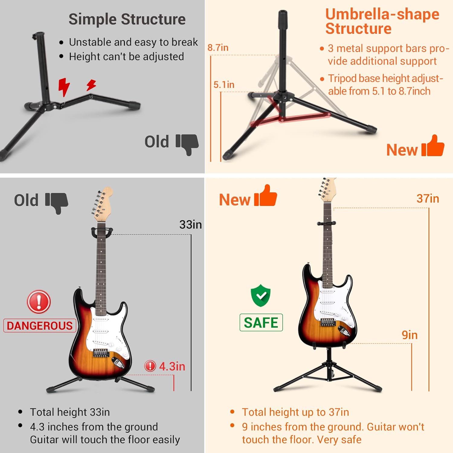 Alternative view of CAHAYA Guitar Stand Floor - Folding Universal Guitar Holder for Acoustic Electric Guitars Bass Guitar Adjust Height from 30.7 to 37 In Folding Tripod Guitar Stands with Neck Holder