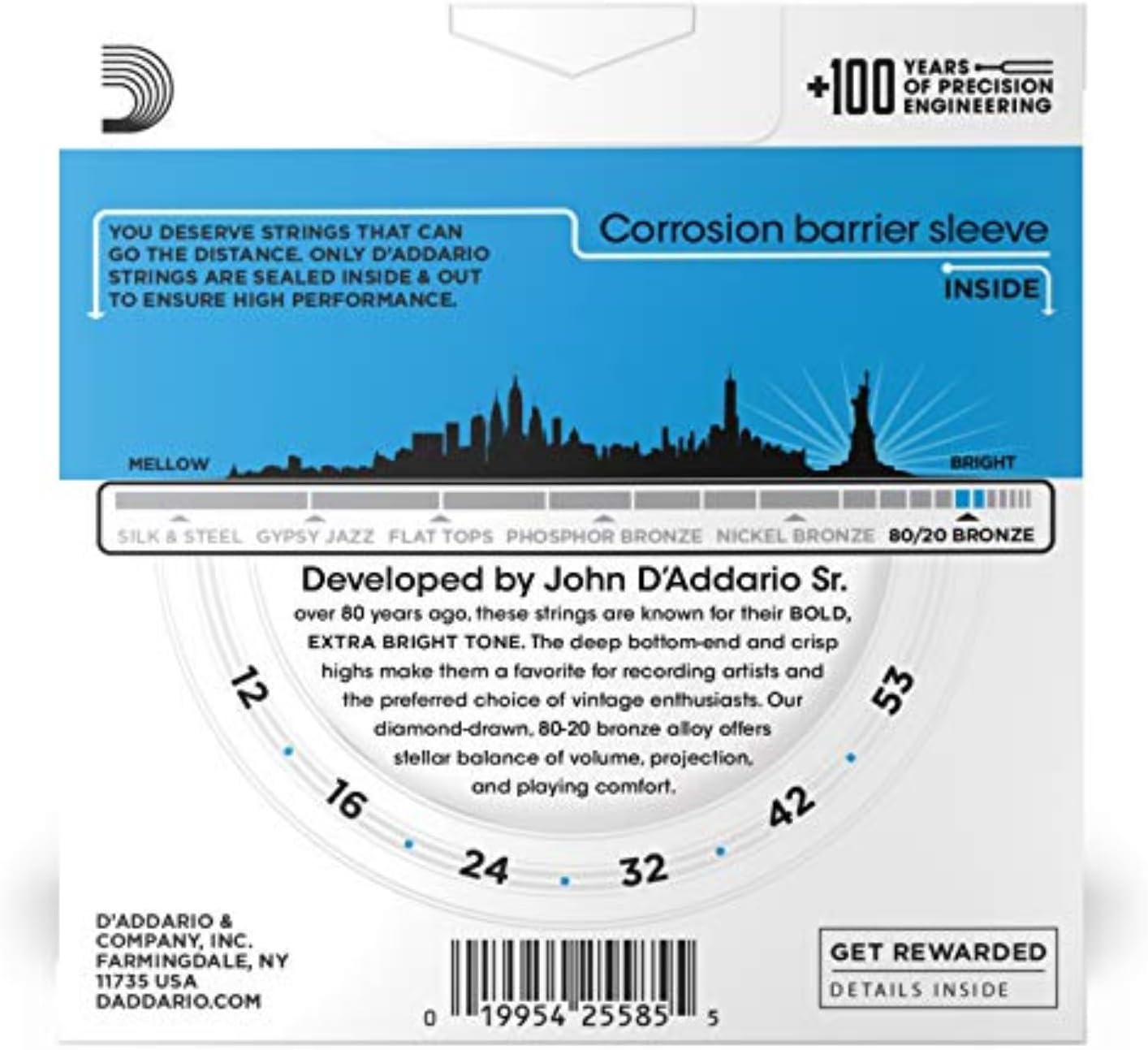 D'Addario Acoustic Guitar Strings, 80/20 Bronze, EJ11-3D, Light Gauge 12-53, 6-String Set, Pack of 3