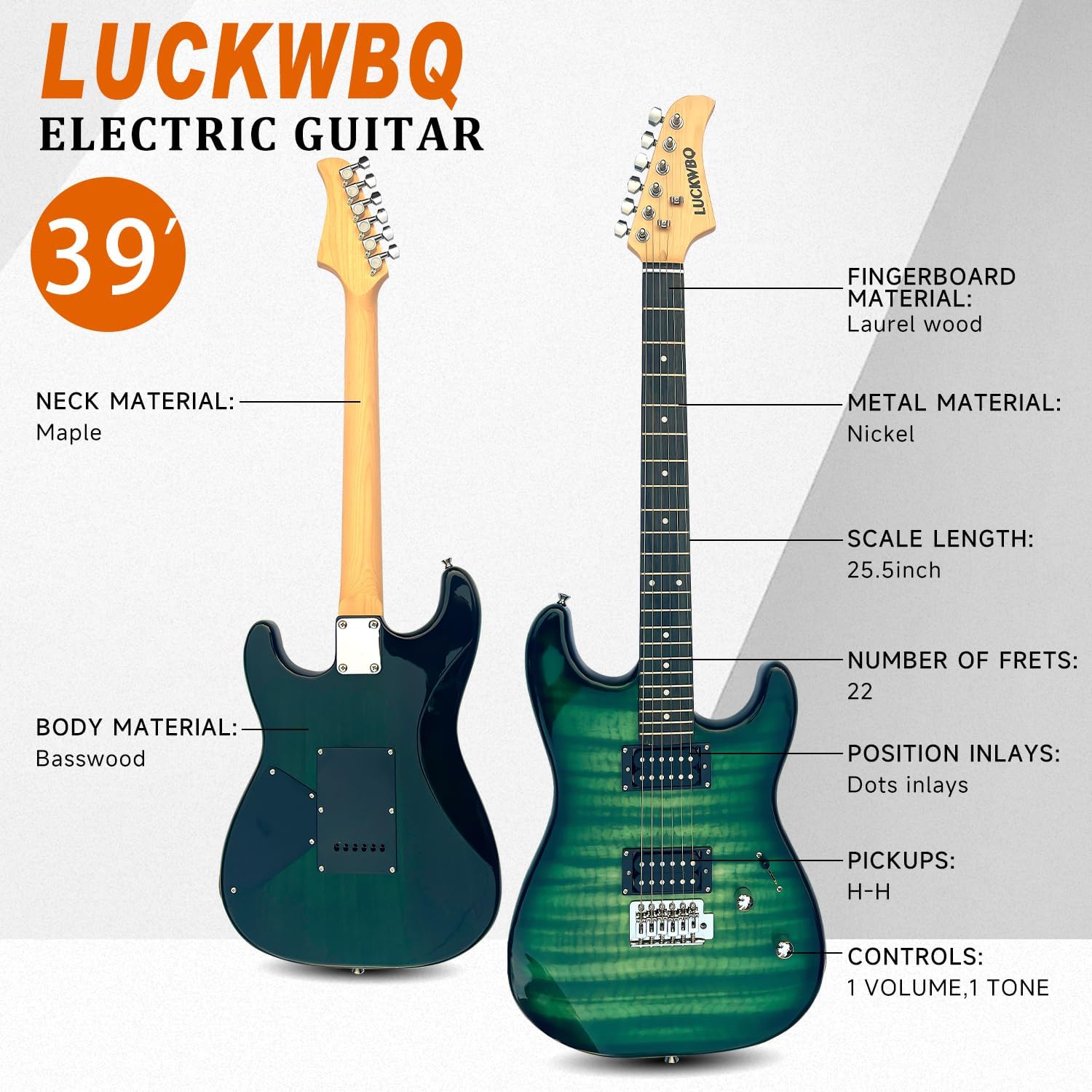 LUCKWBQ 39" Full Size ST Style Electric Guitar Starter Kit with HH Pickup, 20W Portable Amp, Tuner, Gig Bag, Strap & Accessories(Green Flame)