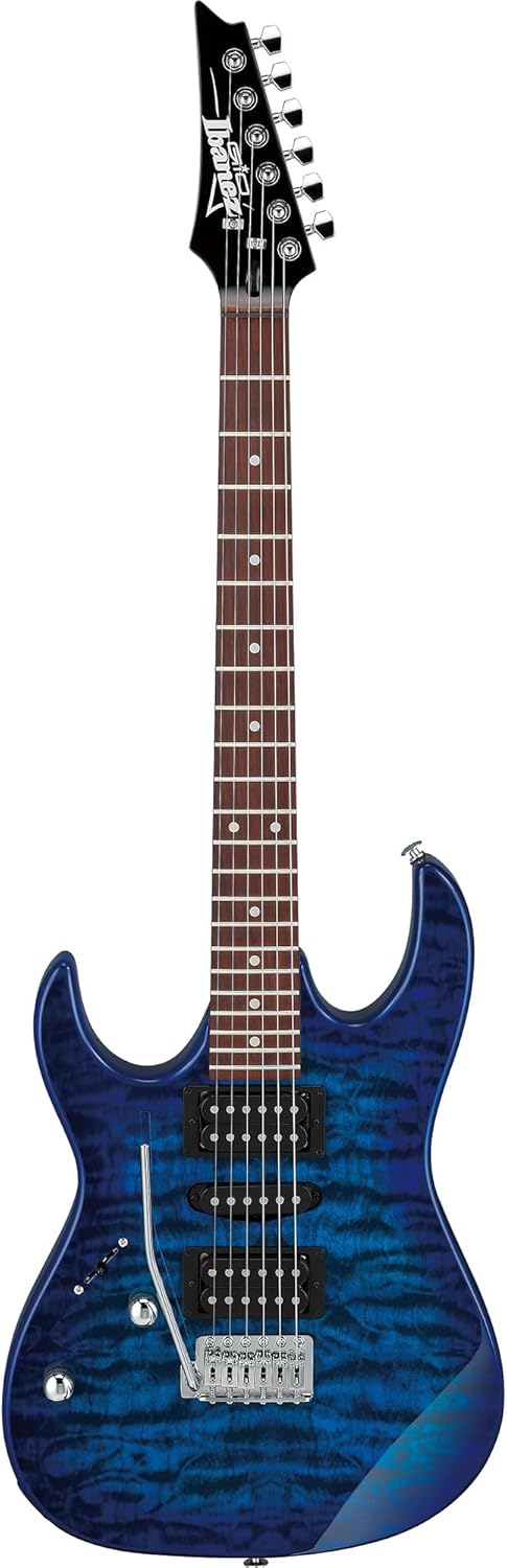 Ibanez GRX70QAL RG Gio Electric Guitar, Left Handed - Transparent Blue Burst Bundle with Amplifier, Gig Bag, Tuner, Cable, Picks, Austin Bazaar Instructional DVD, and Polishing Cloth