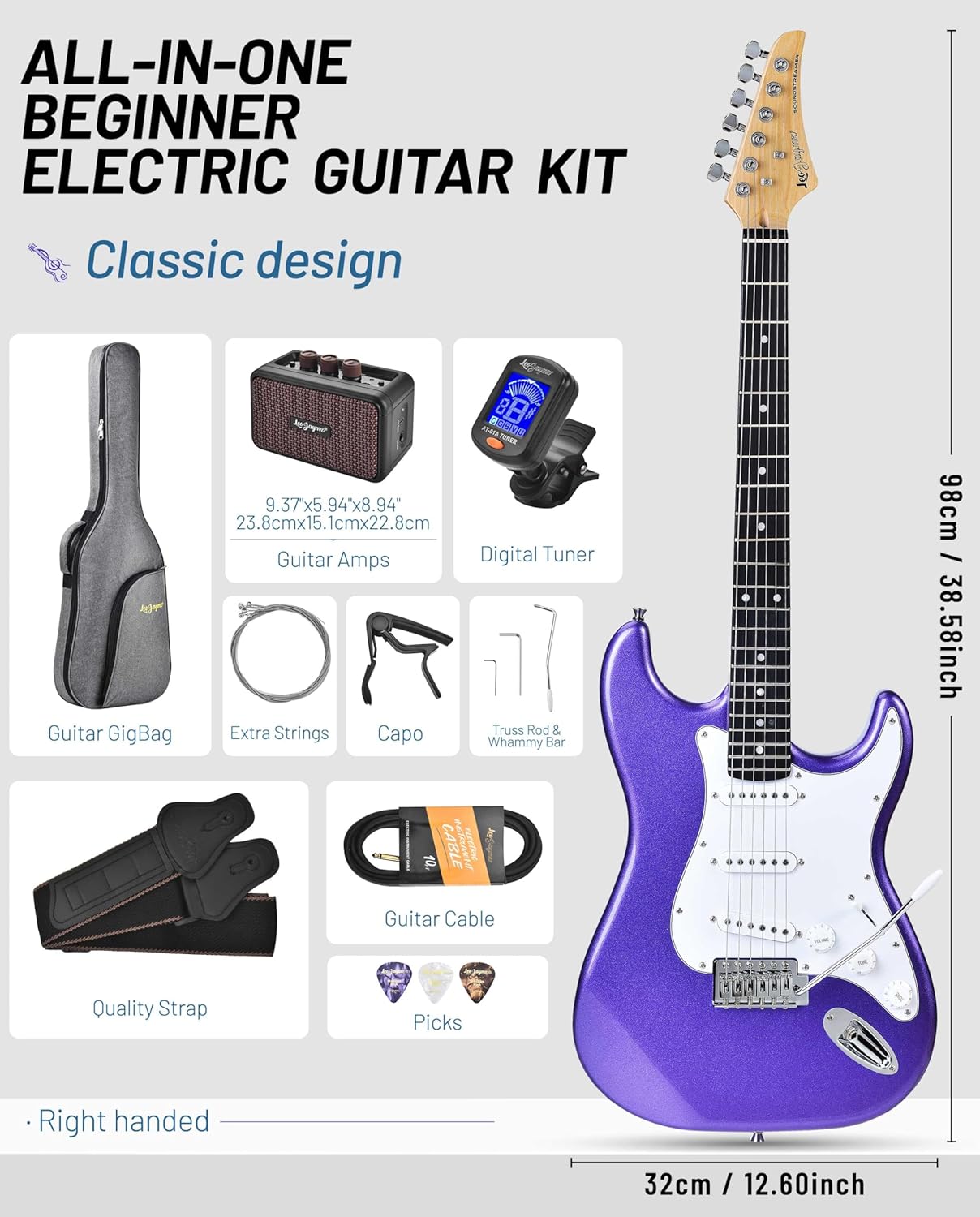Leo Jaymz Beginner Electric Guitar Complete Kit with Portable Amp, Padded Gig Bag & Full Accessories, Maple Neck SSS Pickups(Purple)