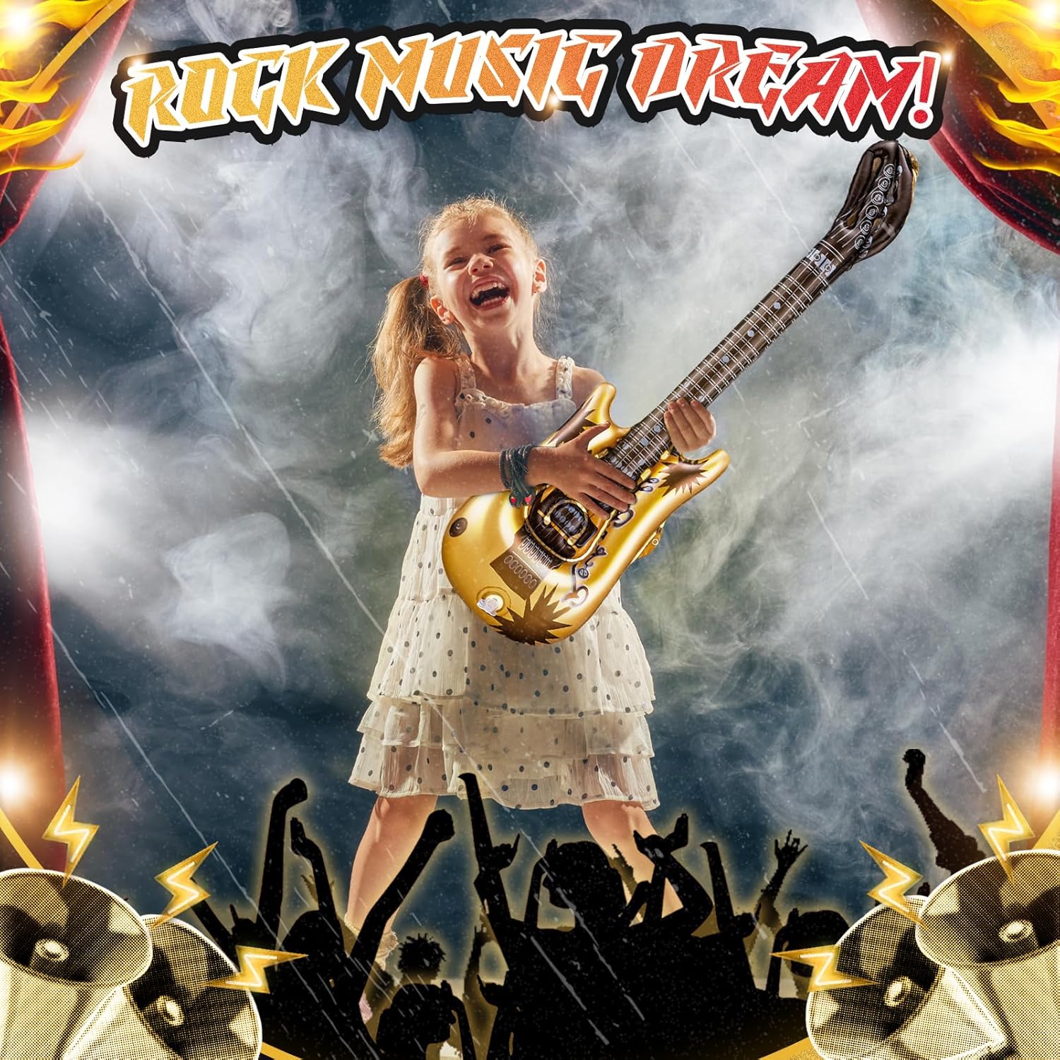 LaRandom 20 Pcs Inflatable Guitars 21 Inch Small Blow up Guitar with Inflator Gold Rock Instrument for Kids Birthday Rock and Roll Party Decorations Photo Booth Props