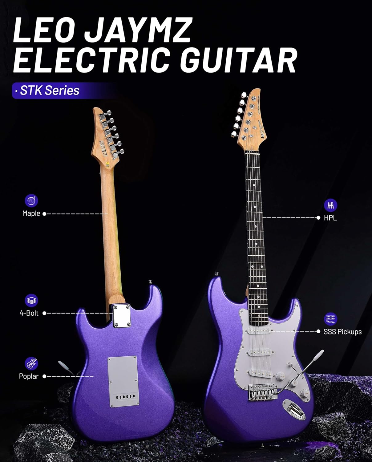Alternative view of Leo Jaymz Beginner Electric Guitar Complete Kit with Portable Amp, Padded Gig Bag & Full Accessories, Maple Neck SSS Pickups(Purple)