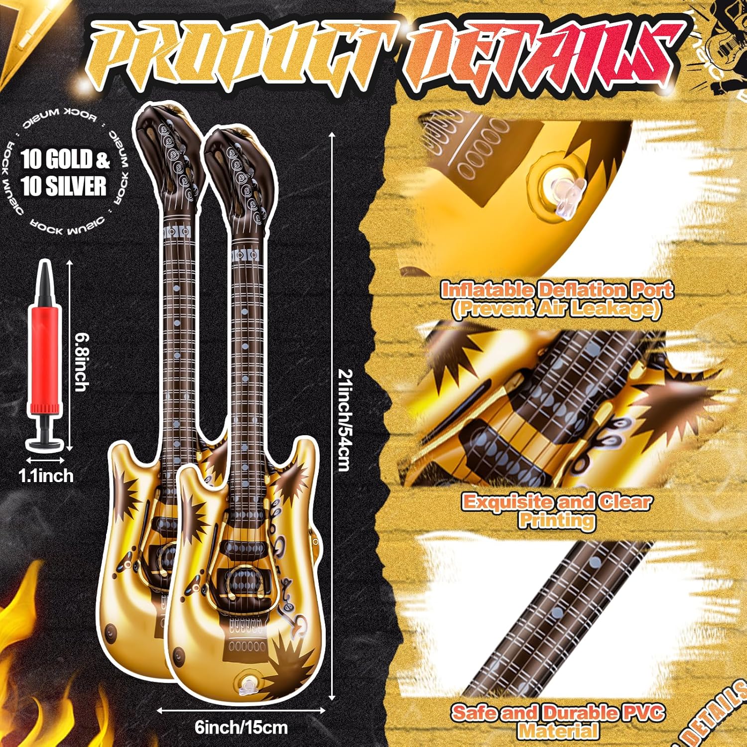 Alternative view of LaRandom 20 Pcs Inflatable Guitars 21 Inch Small Blow up Guitar with Inflator Gold Rock Instrument for Kids Birthday Rock and Roll Party Decorations Photo Booth Props