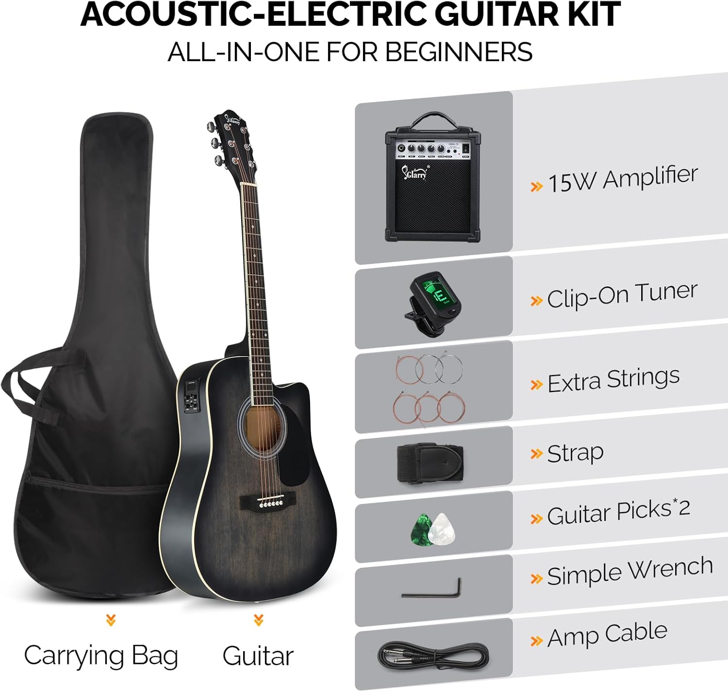 GLARRY Full Size 6 Strings Acoustic Electric Guitar Beginner Kit w/ 15W Amp, Cutaway 41 Inch Electric Acoustic Guitar w/Inbuilt Tuner, Bag, Strap, Picks, Strings, Basswood Guitarra, Distressed Black