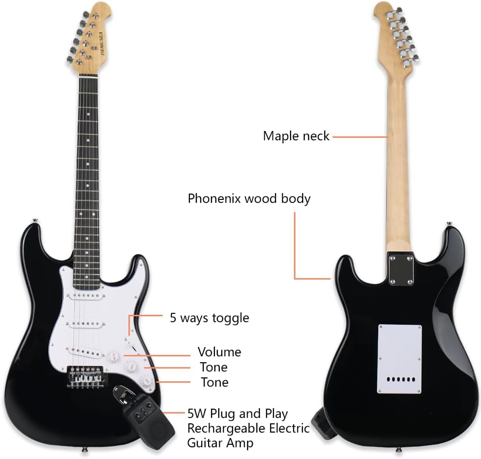 Electric guitars kit full size black single tremolo bridge with 5W amp rechargeable bluetooth 4effects solid paulownia wood body maple neck for beginner starter practice strap gigbag bundle (BST-30)