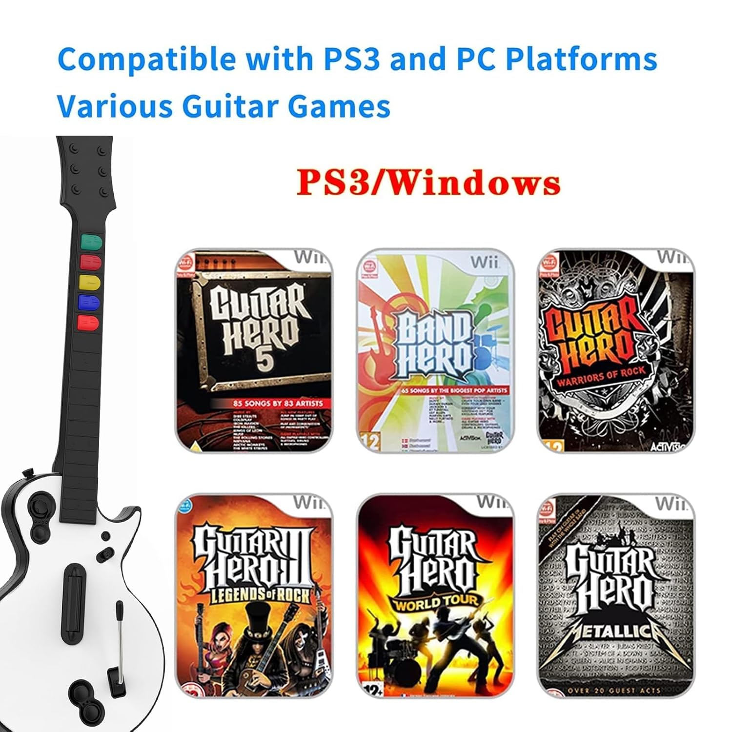 NBCP PC Guitar Hero Wireless Legends Rock Dongle Bundle for PS3/Computer Windows, Compatible with Guitar Hero, Rock Band, Clone Hero & Fortnite Festival