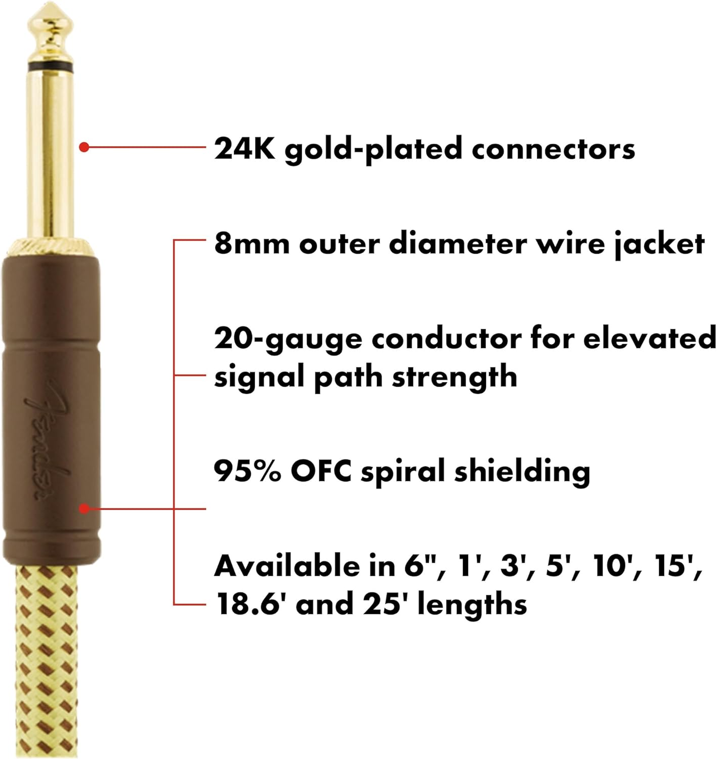 Fender Deluxe Series Instrument Cable, Guitar Cable, Guitar Accessories, Straight/Angle, Tweed, 15ft