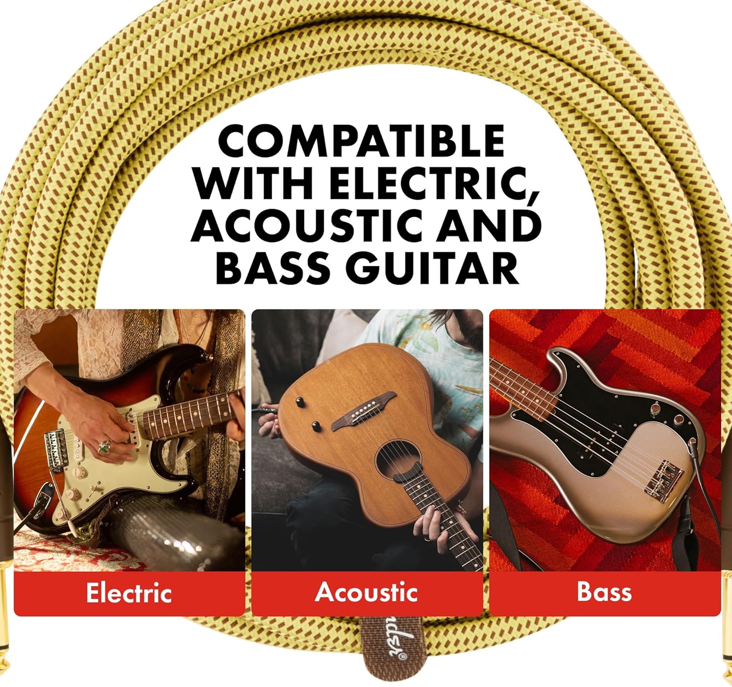 Alternative view of Fender Deluxe Series Instrument Cable, Guitar Cable, Guitar Accessories, Straight/Angle, Tweed, 15ft