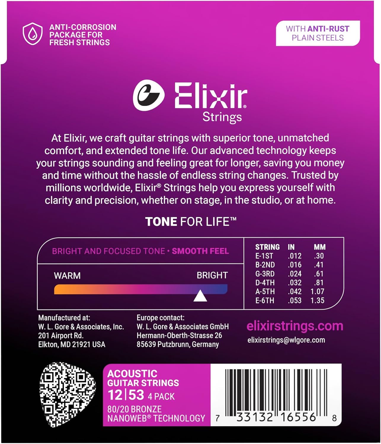 Elixir Strings, Acoustic Guitar Strings, 80/20 Bronze with NANOWEB Technology, Longest-Lasting Bright and Focused Tone with Comfortable Feel, 4 Pack, Light 12-53