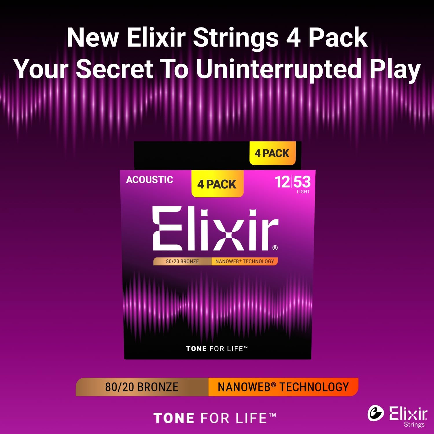 Alternative view of Elixir Strings, Acoustic Guitar Strings, 80/20 Bronze with NANOWEB Technology, Longest-Lasting Bright and Focused Tone with Comfortable Feel, 4 Pack, Light 12-53