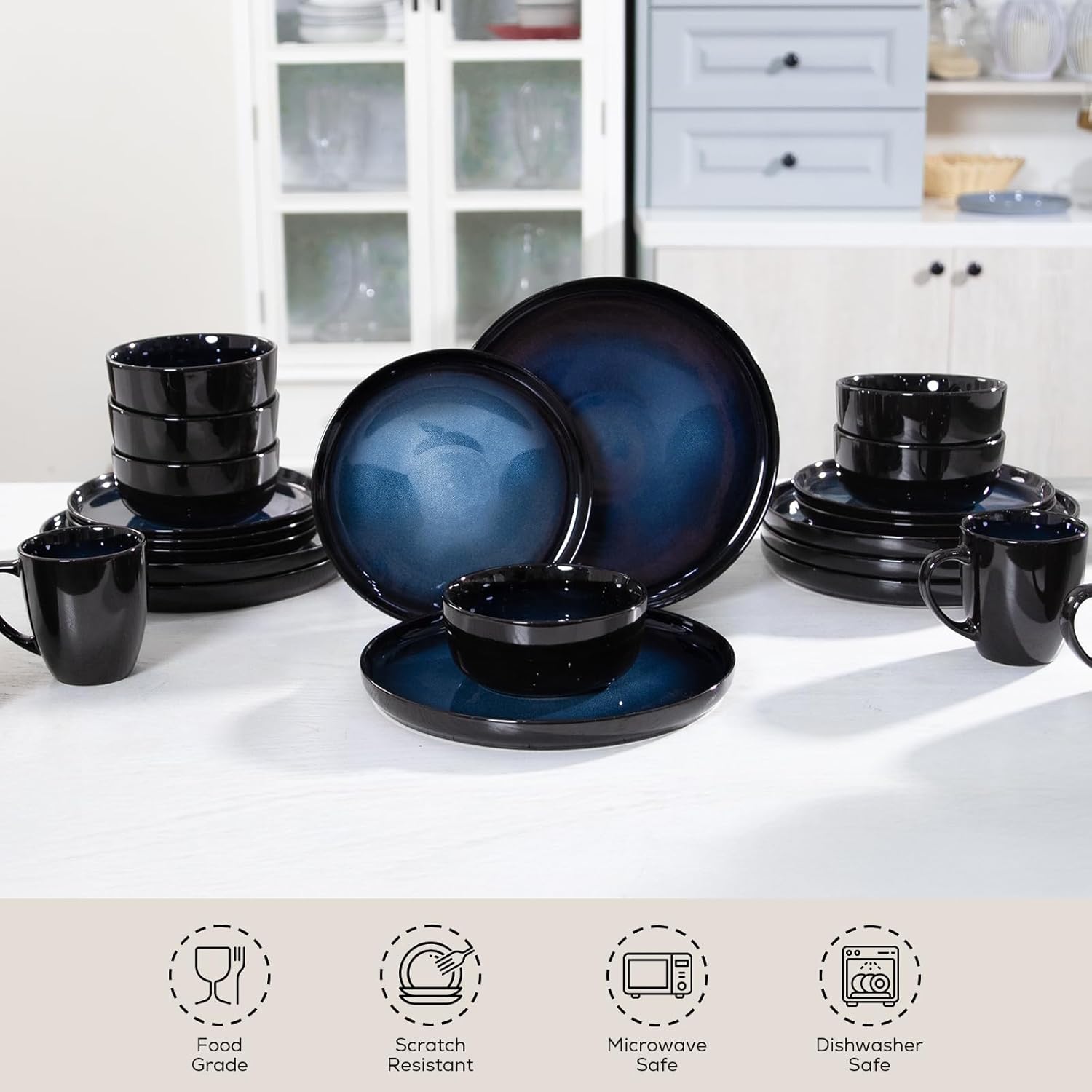 Alternative view of Romswi Ceramic 18Pcs Dinnerware Sets,Stoneware Plates and Bowls Set for 6, Chip & Scratch Resistant Dish Set, Handmade Reactive Glaze, Oven, Microwave & Dishwasher Safe, Dreamy Moonlight-Blue