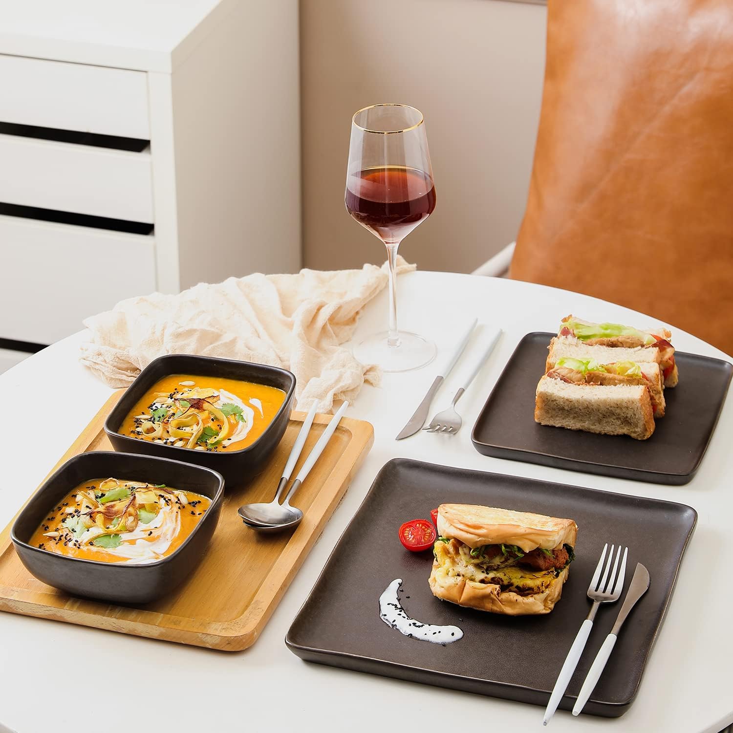 Stone Lain Jonny Stoneware 12 Piece Dinnerware Set, Home Kitchen Modern Square Dish Set with Dinner Plates, Salad Plates, & Bowls, Brown