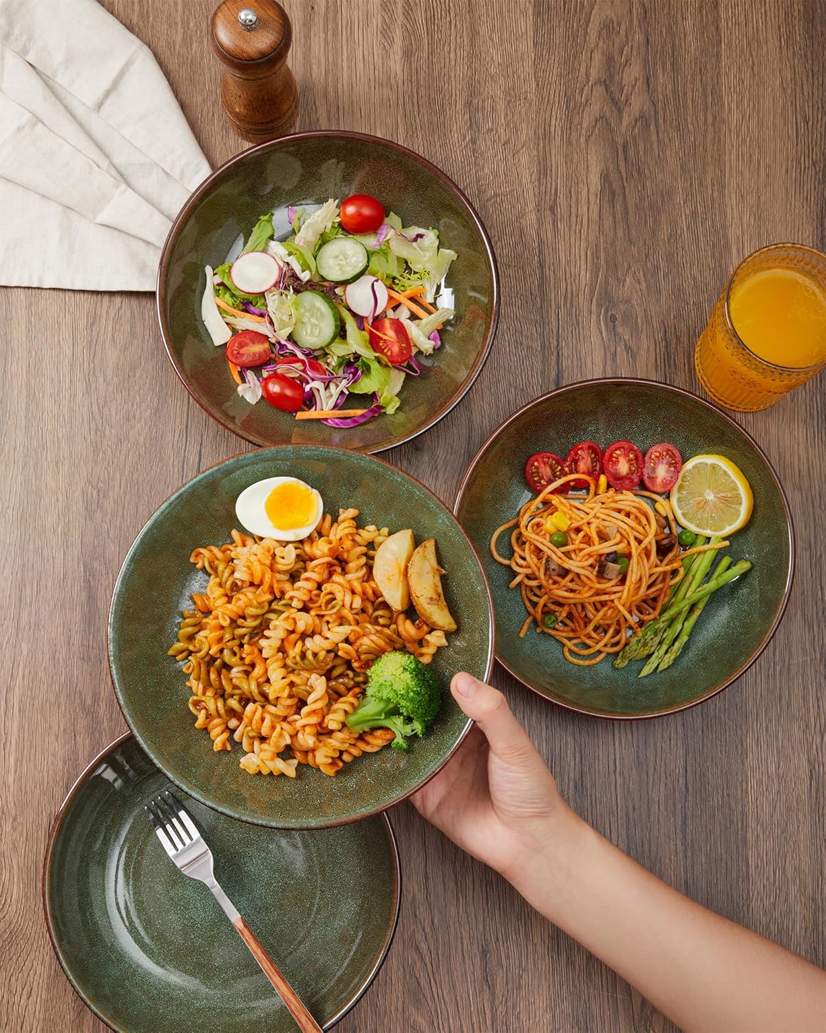 Pokini 32 Piece Double Bowl Dinnerware Sets with Pasta Bowls, Highly Chip and Crack Resistant Plates and Bowls Sets, Natural Earthyware Ceramic Dishware Sets, Service for 8 Brown Green