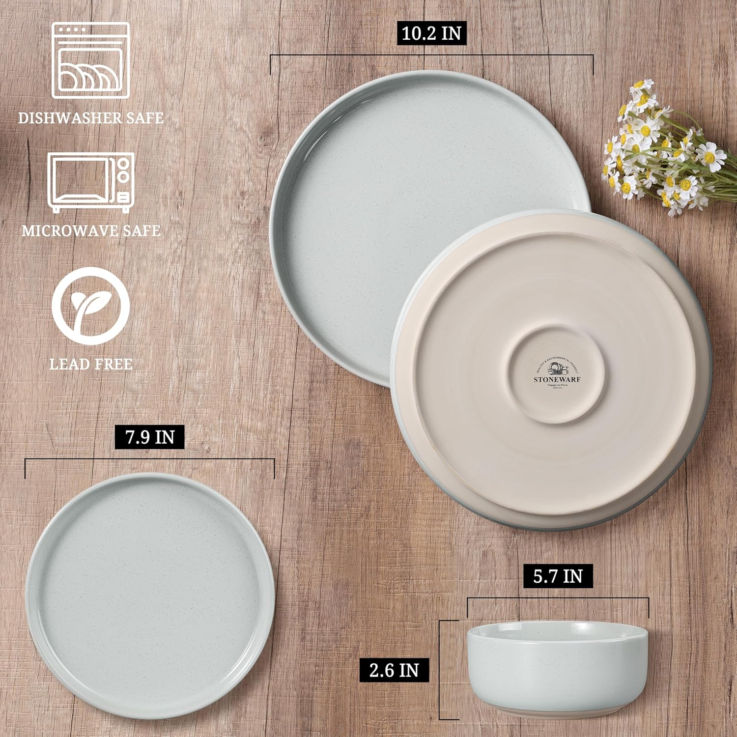 Alternative view of HaWare Stoneware Dinnerware Sets, 12-Piece Plates and Bowls Set for 4, Dishes Set for Home Restaurant, Speckled Misty Grey