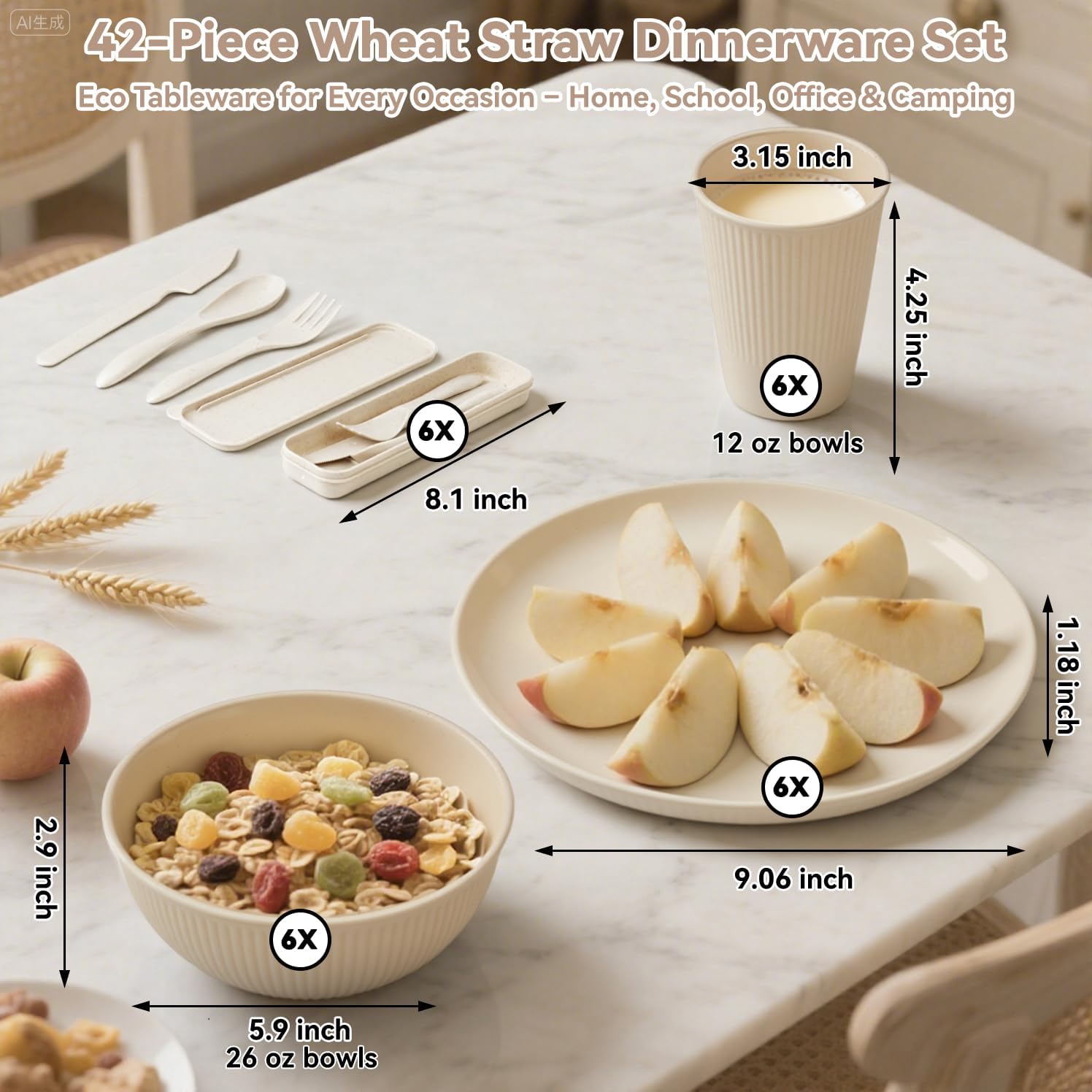 42-Piece Wheat Straw Dinnerware Sets for 6,Unbreakable Plates and Bowls Set,Dinner Plate/Dessert Plate/Cereal Bowl/Cup for Kitchen,Apartment Essentials, Outdoor Camping,Beige