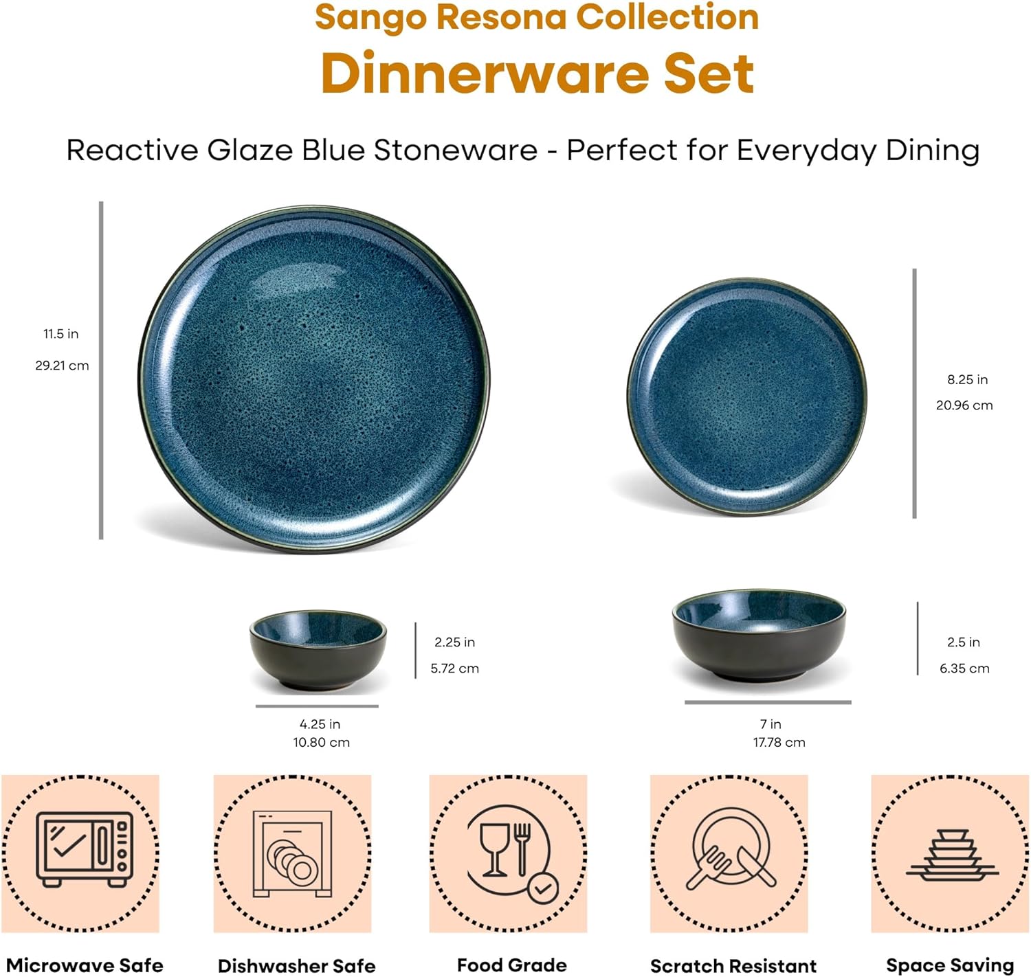 Alternative view of Sango 16-Piece Stoneware Dinnerware Set for 4, Glossy Black & Blue Plates and Bowls Sets with Reactive Glaze, Ceramic Dish Set, Modern Dishes for Everyday Dining, Microwave & Dishwasher Safe, Resona