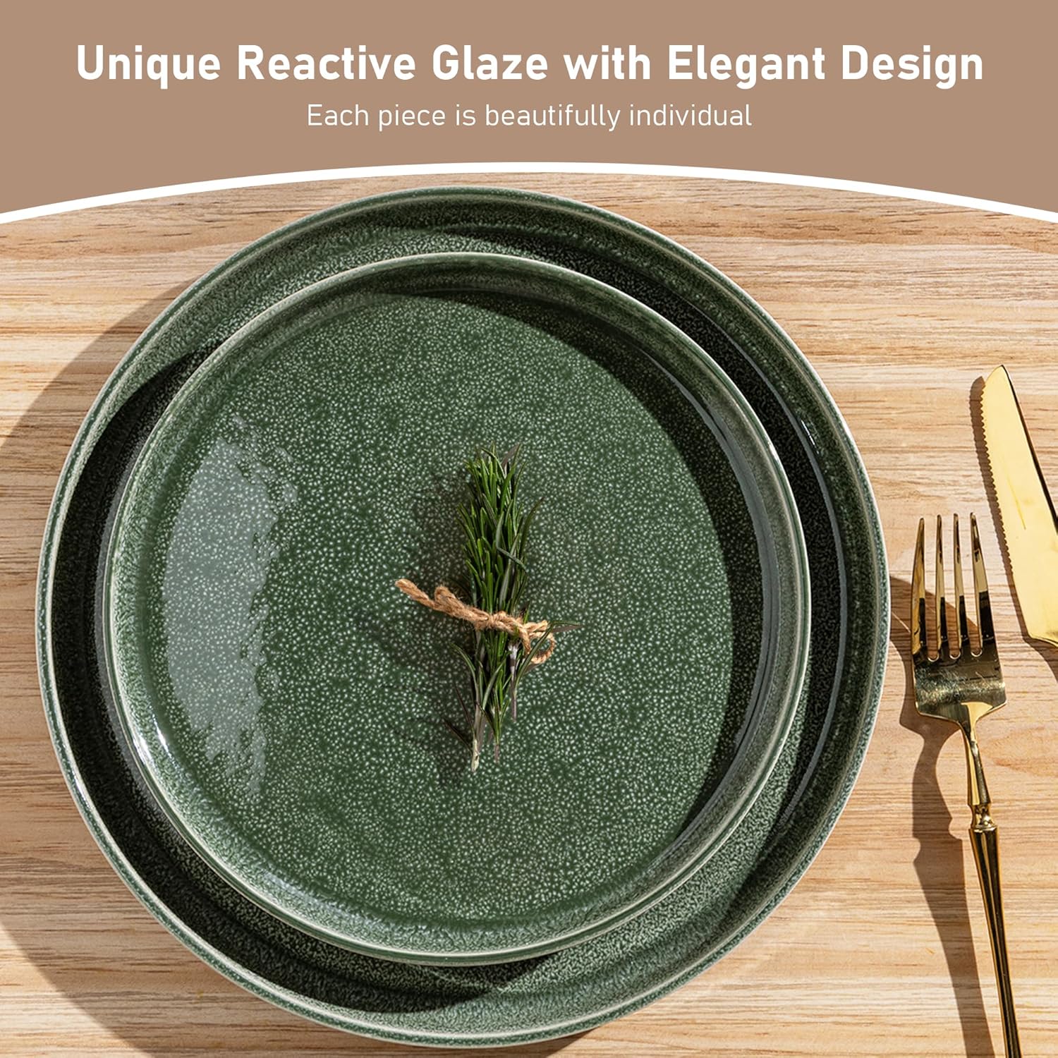 GBHOME 12-Piece Stoneware Dinnerware Set for 4 u2013 Ribbed Ceramic Plates and Bowls, Scratch-Resistant, Microwave & Dishwasher Safe, Reactive Glaze, Dark Green