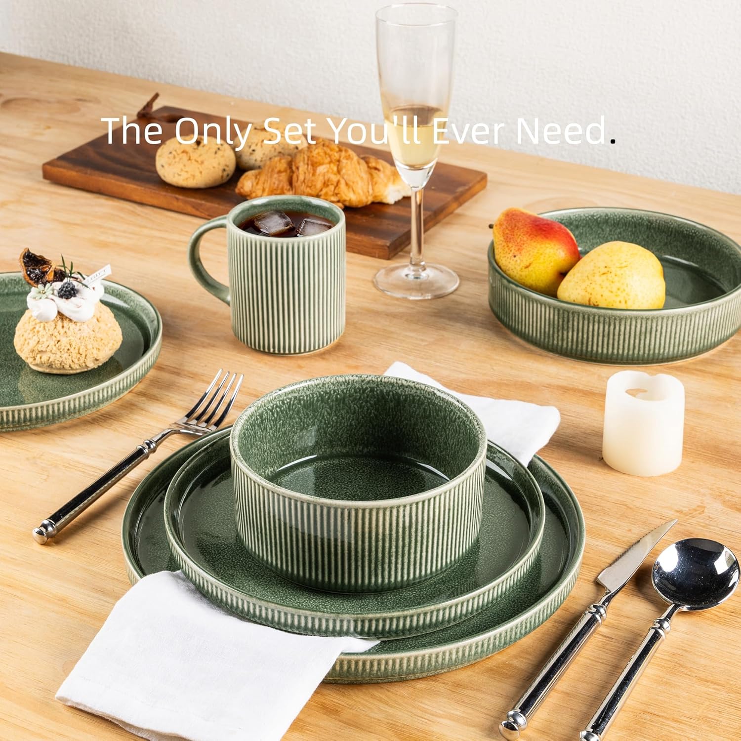 Alternative view of GBHOME 12-Piece Stoneware Dinnerware Set for 4 u2013 Ribbed Ceramic Plates and Bowls, Scratch-Resistant, Microwave & Dishwasher Safe, Reactive Glaze, Dark Green
