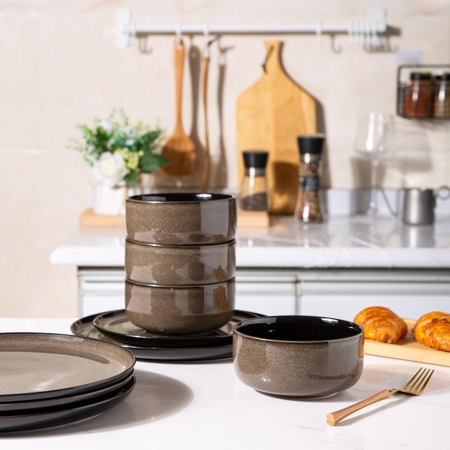 Alternative view of LERATIO Ceramic Dinnerware Sets for 4,Porcelain Plates and Bowls Sets,Microwave & Dishwasher & Oven Safe,Scratch Resistant Dishes Sets-Service for 4 (12pcs)-Mordern-coffee