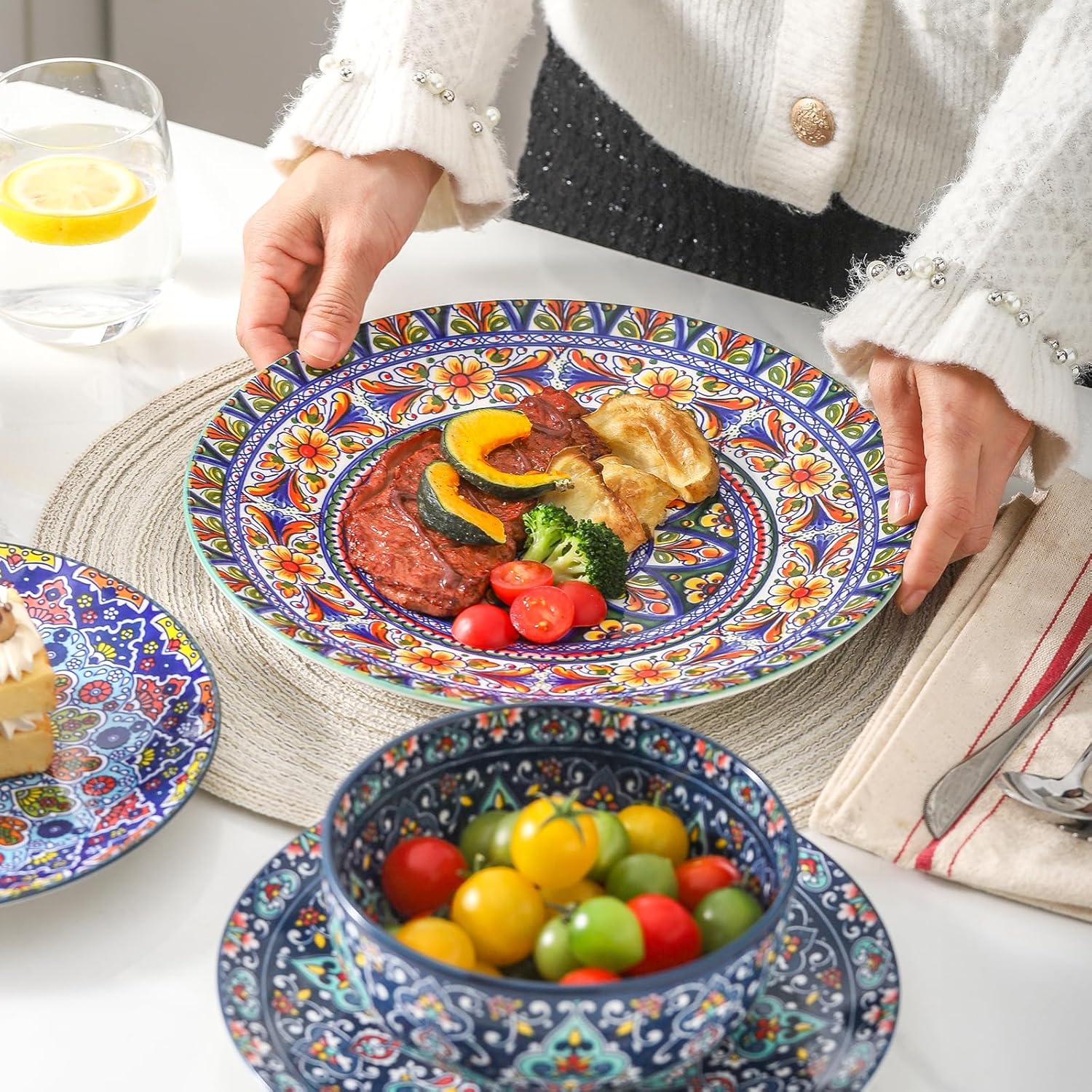 HASENSE 18 Pieces Kitchen Dinnerware Sets Service for 6, Bohemian Style Plates and Bowls Set, Ceramic Vintage Tableware Dishes Set, Scratch Resistant Microwave and Dishwasher Safe, Assorted Color