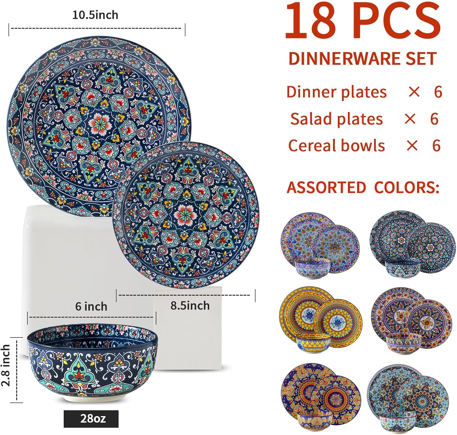 Alternative view of HASENSE 18 Pieces Kitchen Dinnerware Sets Service for 6, Bohemian Style Plates and Bowls Set, Ceramic Vintage Tableware Dishes Set, Scratch Resistant Microwave and Dishwasher Safe, Assorted Color