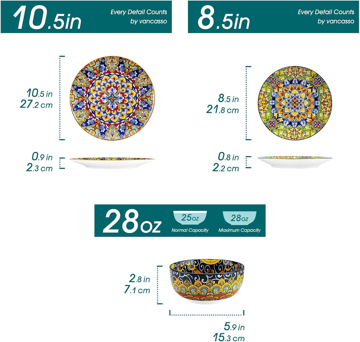 Alternative view of vancasso 12 Pieces Dinnerware Sets, Plates and Bowls Set, Porcelain Dishes Set for 4, Microwave and Dishwasher Safe, Scratch Resistant, Bohemian Style Dining Ware Service for 4, Series SIMI