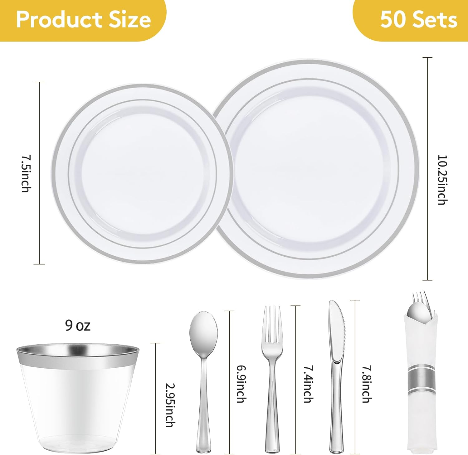 Alternative view of Goodluck 350 Piece Silver Plastic Dinnerware Set for 50 Guests, Fancy Disposable Plates for Party, Include: 50 Dinner Plates, 50 Dessert Plates, 50 Pre Rolled Napkins with Silver Silverware, 50 Cups