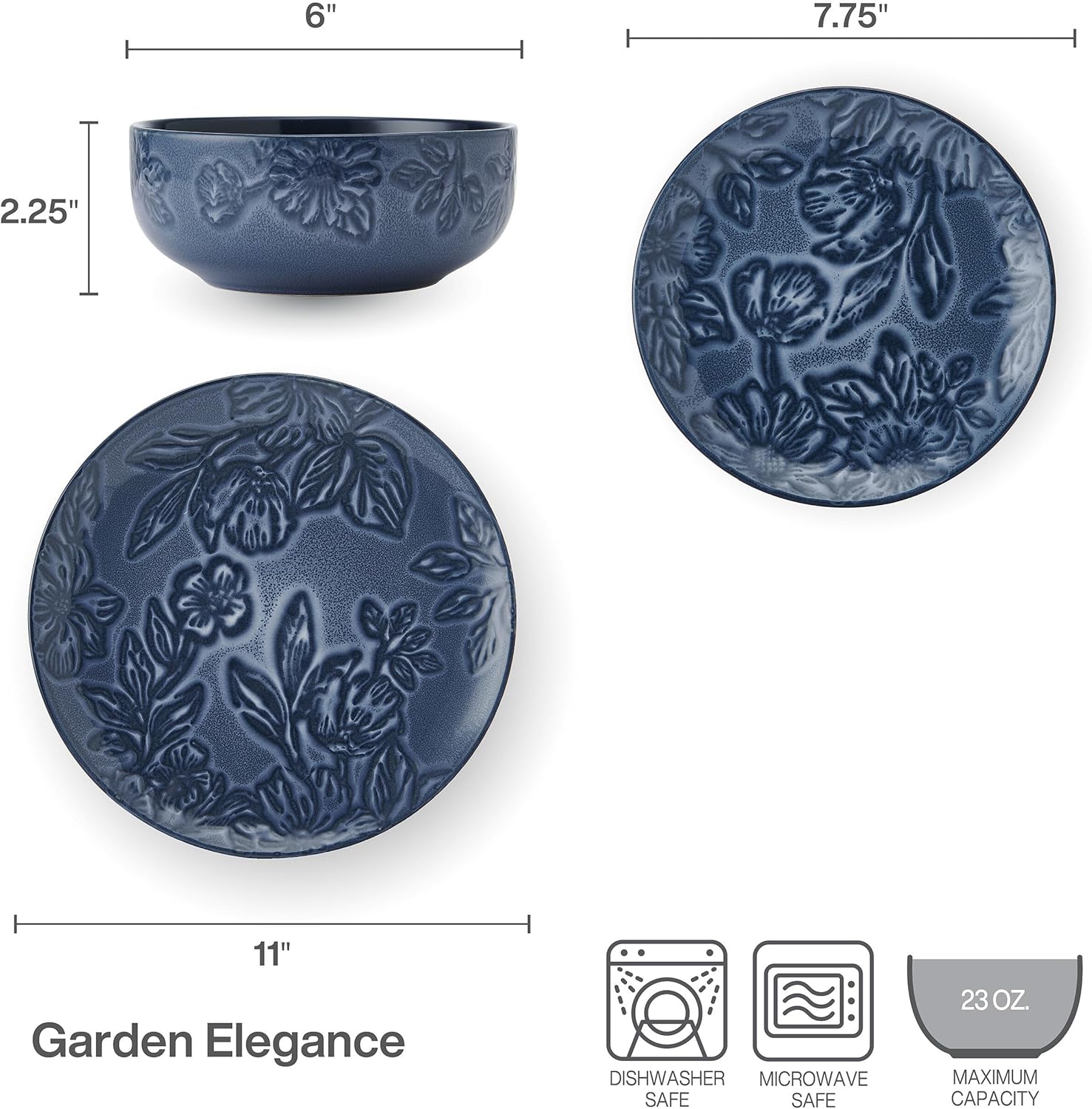 Paltzgraff Garden Elegance 12 Piece Floral Stoneware Dinnerware Plate Bowl Dish Set, Service for 4, Blue