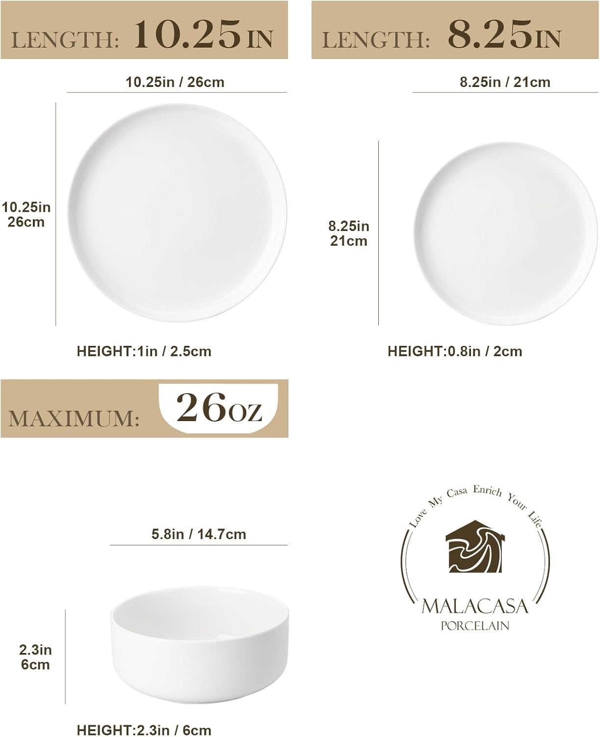 Alternative view of MALACASA Plates and Bowls Sets, 12 Pieces Porcelain Dinnerware Sets Dishware Sets Chip Resistant Ceramic Dish Set Dining Dinner Ware Service for 4, White, Series LUNA