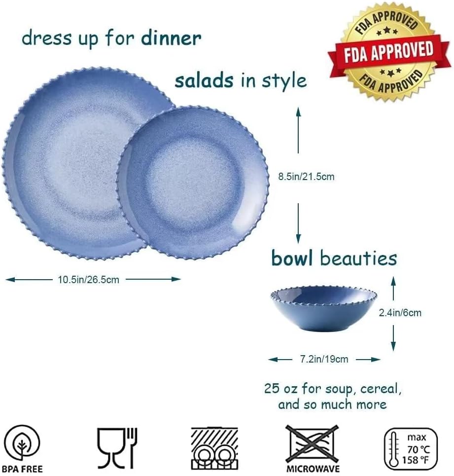 MissYIP 12 Piece Melamine Dinnerware Sets, Service for 4, Lightweight Unbreakable, BPA Free, Food Grade Plates Sets, Dishwasher Safe, Indoor and Outdoor Use