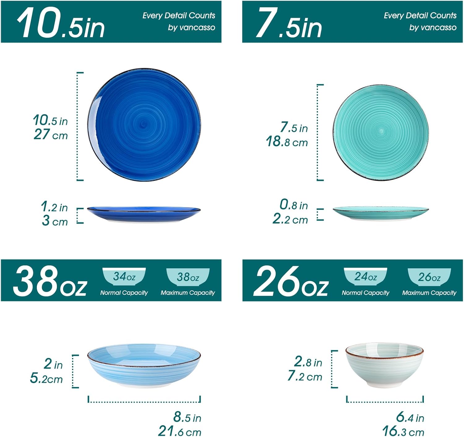 Alternative view of vancasso Bonita Dinnerware Set 24 Pieces Blue Stoneware Service for 6, Handpainted Spirals Pattern Stoneware Combination Set