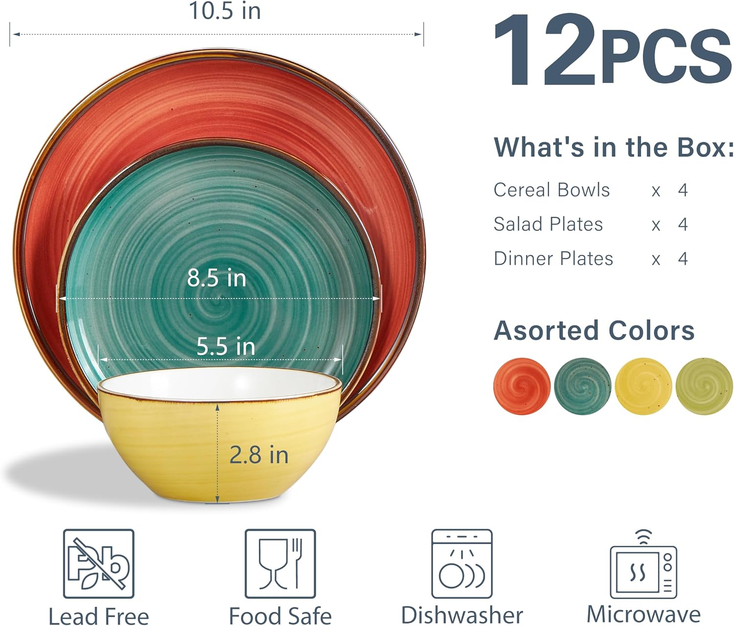 Alternative view of ONEMORE Plates and Bowls Set 12 Pcs,Stoneware Dinnerware Sets for 4 Microwavable,Oven & Dishwasher Safe Porcelain,Scratch Resistant Dishes Set