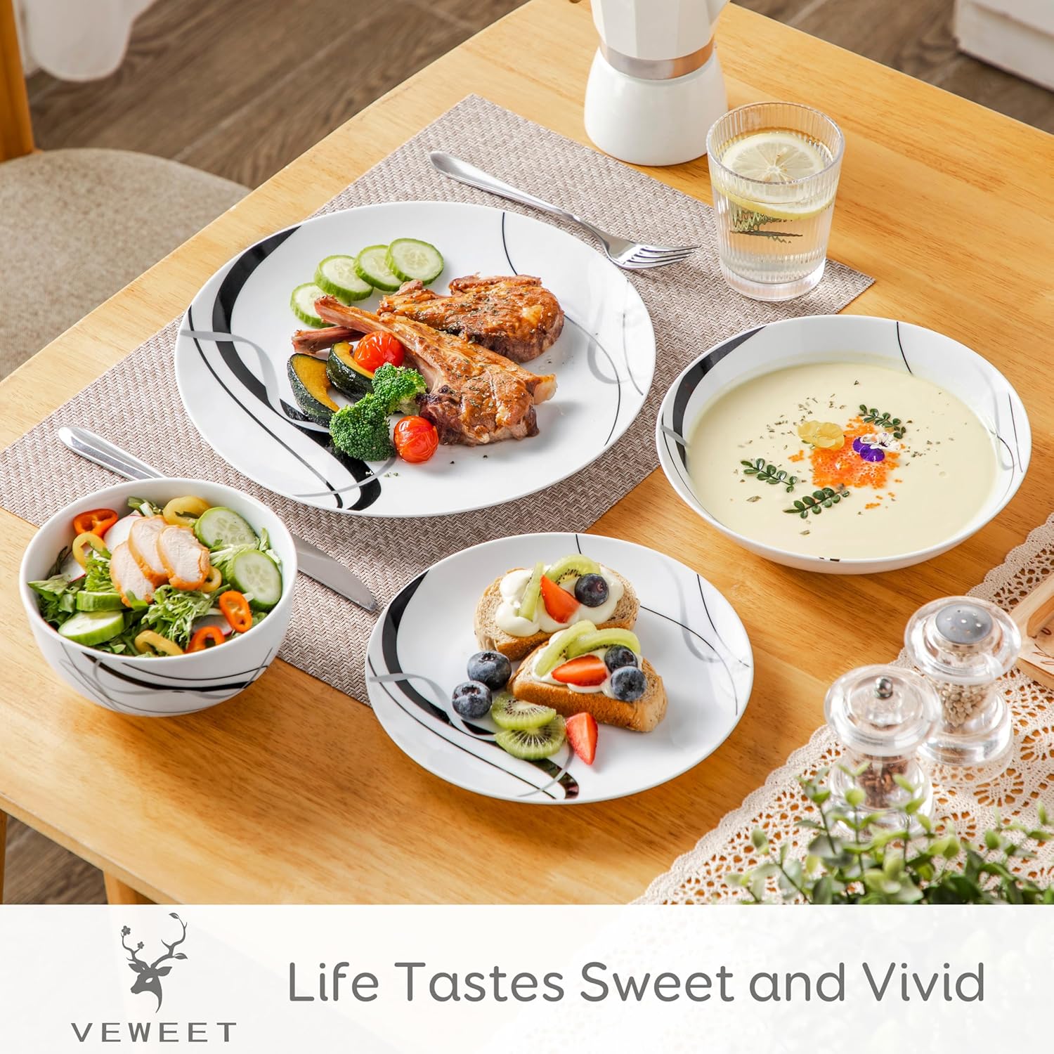 VEWEET Porcelain Dinnerware Sets for 6, 24 Pieces Plates and Bowls Set with Black and Grey Ribbon Lines, Dishes Set Dining Ware for Dinner, Microwave and Dishwasher Safe, Series FIONA