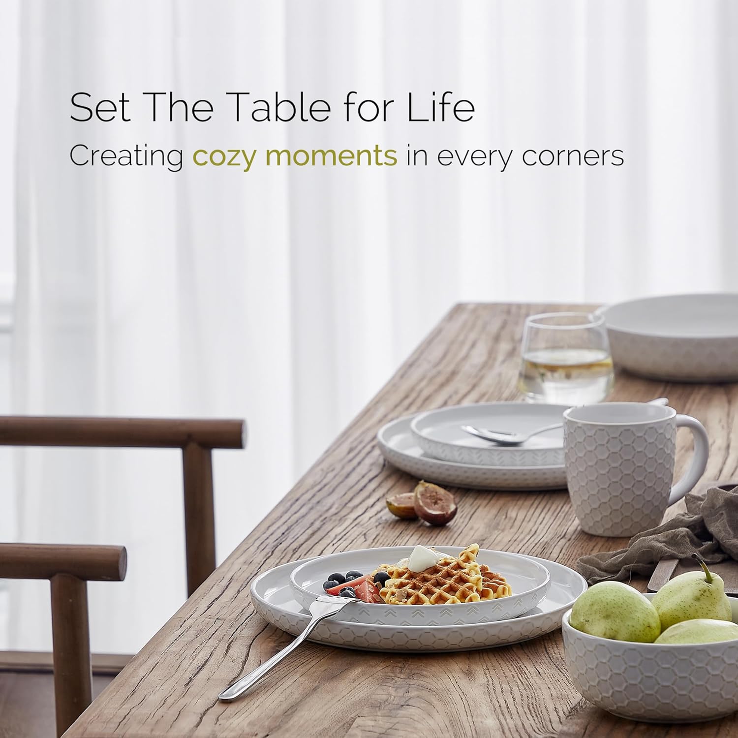 Alternative view of Stoneware Dinnerware Sets Service for 4, 12 pcs Reactive Glaze Plates and Bowls Sets, Embossed Boho Ceramic Dish Set, Highly Chip and Crack Resistant Farmhouse Plate Set, Ivory White