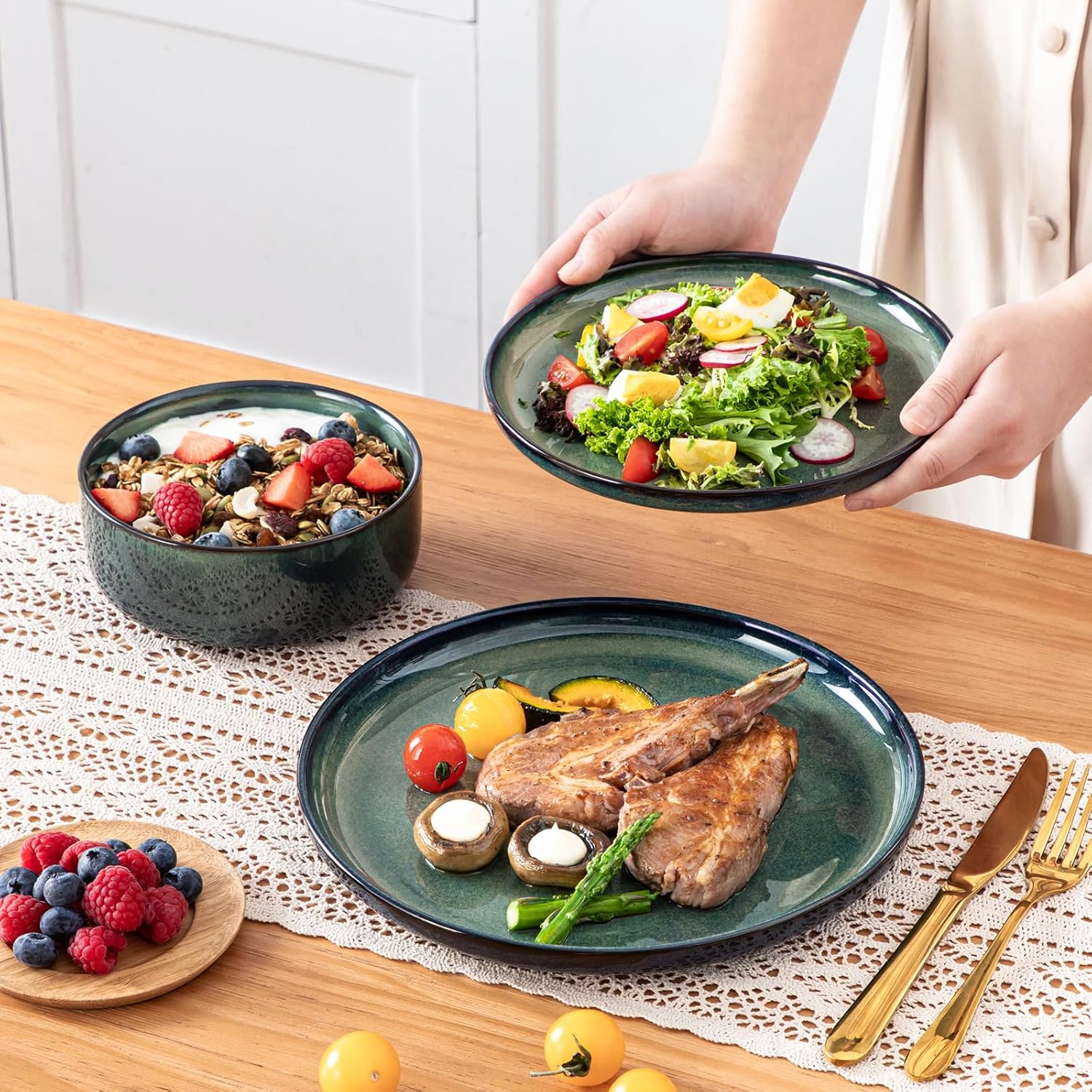 vancasso Starry 12 Pieces Dinnerware Sets for 4, Green Reactive Glaze Dishes Sets, Ceramic Plates and Bowls Set, Dinner Salad Dessert Plates, and Cereal Bowls Set, Dishwasher and Microwave Safe