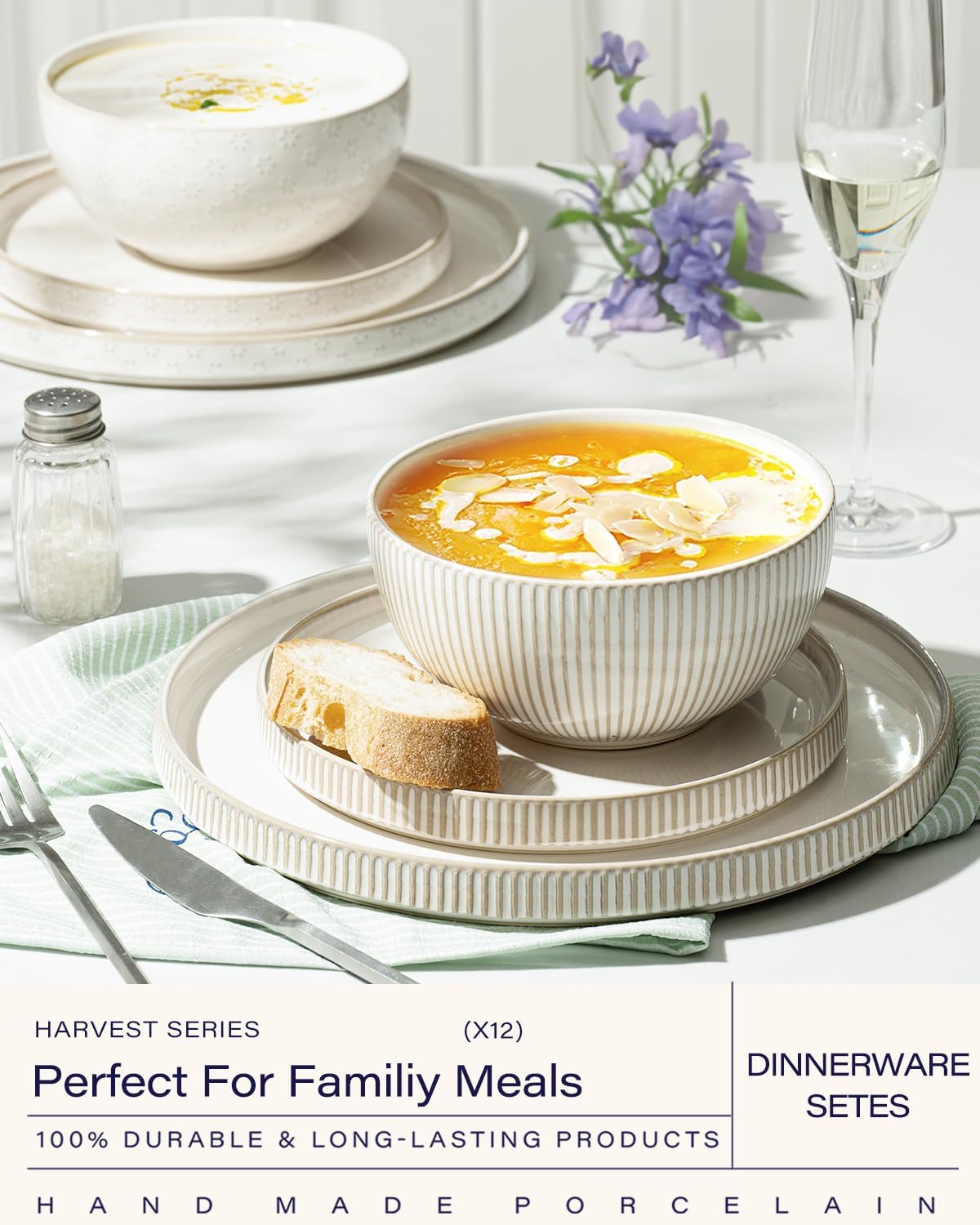 Getstar Dinnerware Sets, Plates and Bowls Sets (10.5u201D Dish + 8u201D Dish + 6u201D Bowl) for 4, Microwave and Dishwasher Safe, Ceramic Dinnerware Set (12 Piece)