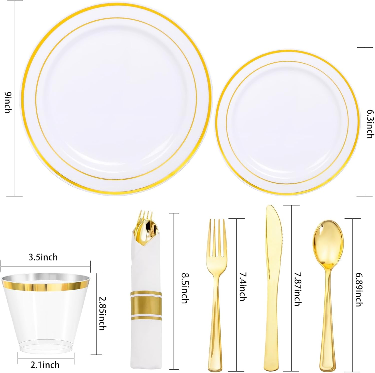 Alternative view of WDF Partyware 350Piece Gold Dinnerware Set for 50 Guests - Gold Plastic Plates with Disposable Cutlery Include:50Dinner Plates-50Dessert Plates-50Pre Rolled Napkins with Silverware for Valentineu2019s Day